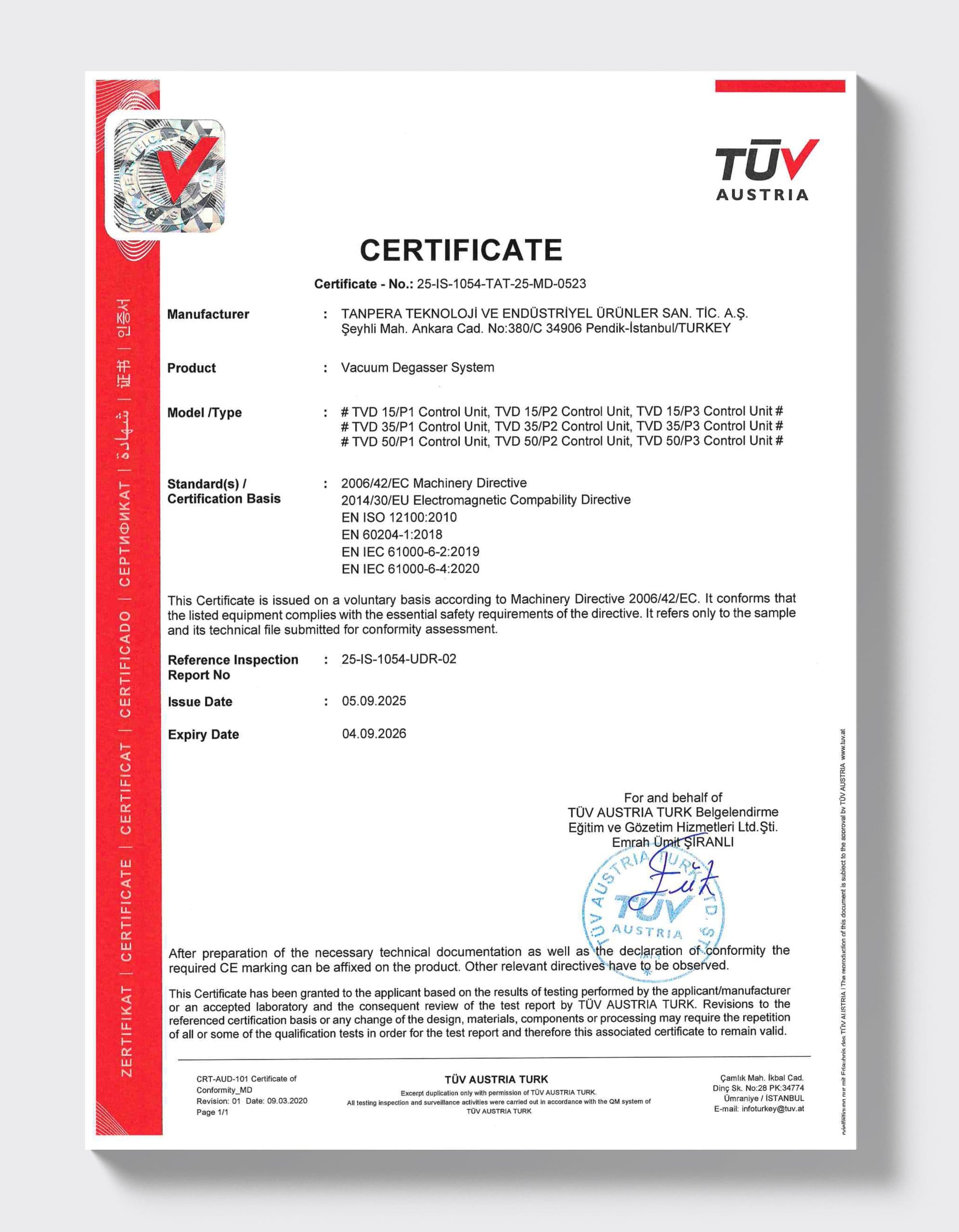 TÜV AUSTRIA — Система вакуумного дегазатора (TVD)