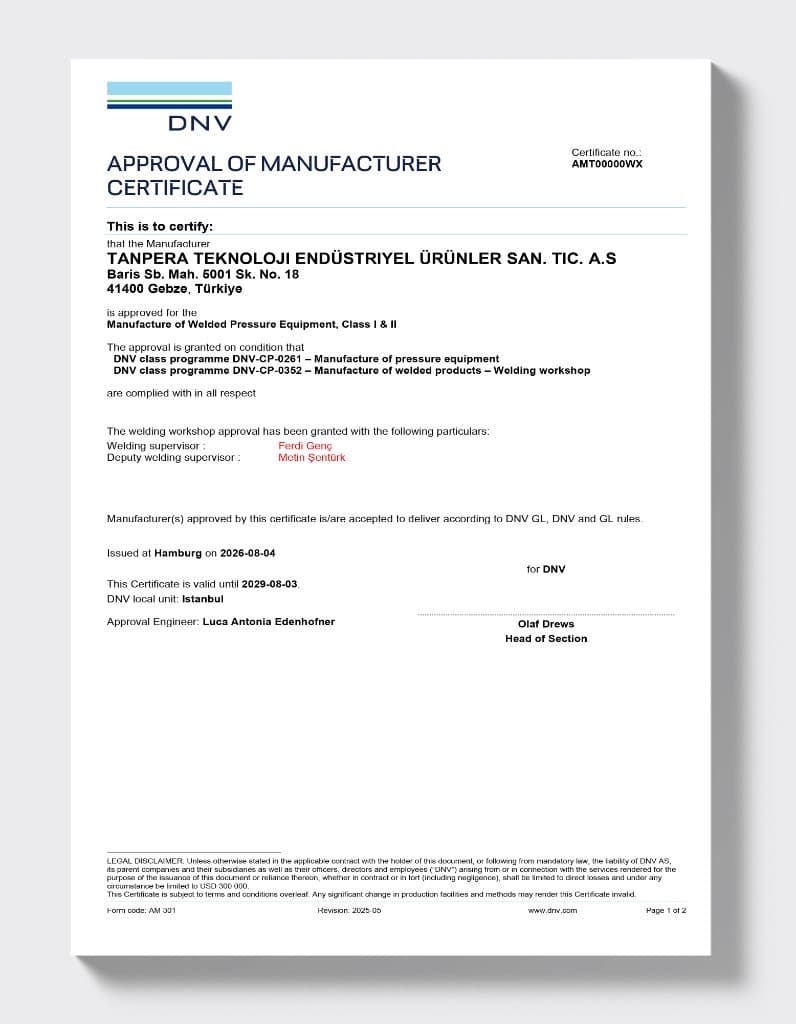 DNV — Сертификат одобрения производителя (сосуды под давлением, классы I и II)